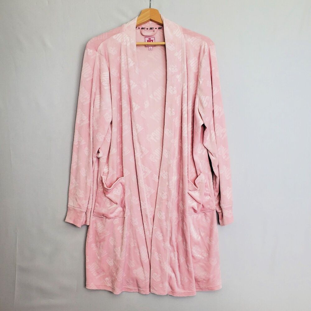 Juicy Couture Robe Women LG Pink Embossed Retro Y2K Pockets Long Sleeve 3/4 lgth